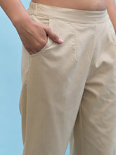 Women Beige Solid Cotton Pants with Partially Elasticated Waistband and Two Side Pockets-J4954OT9BEIGE